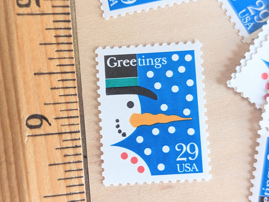 10 Seasons Greetings Snowman Christmas Stamps, Vintage Unused USPS 29 Cent Postage Stamps, 1993 Gummed