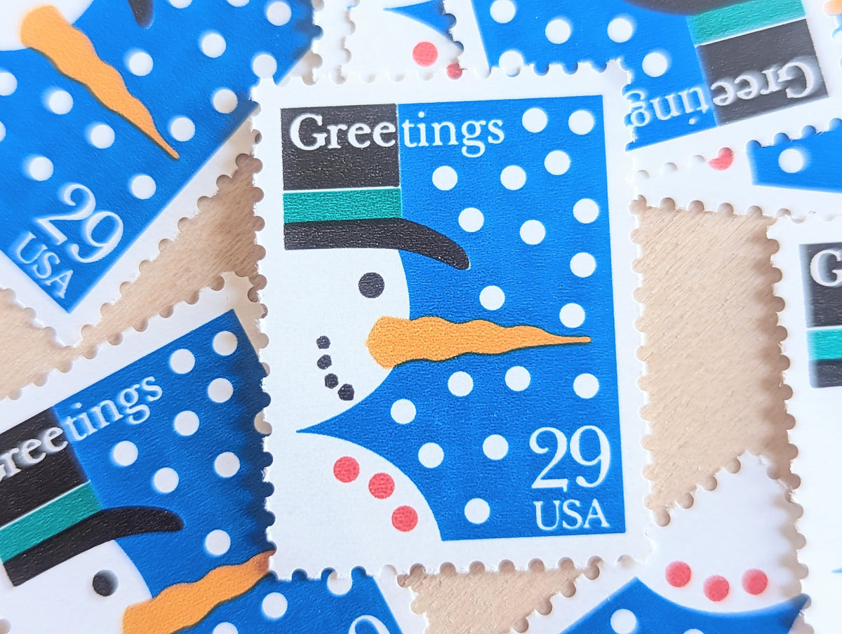 10 Seasons Greetings Snowman Christmas Stamps, Vintage Unused USPS 29 Cent Postage Stamps, 1993 Gummed