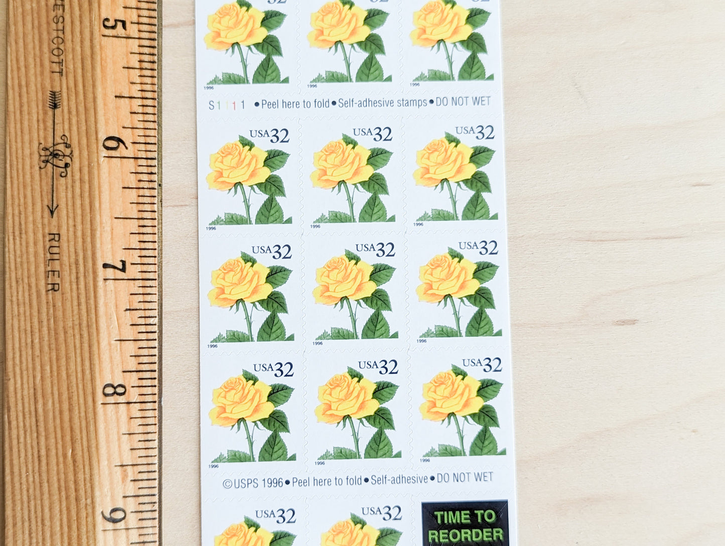 Sheet Of 20 Yellow Rose Stamps, 1996 Unused Postage Stamps, 32 Cent Stamp, Self-Adhesive, Vintage Collectible Stamps