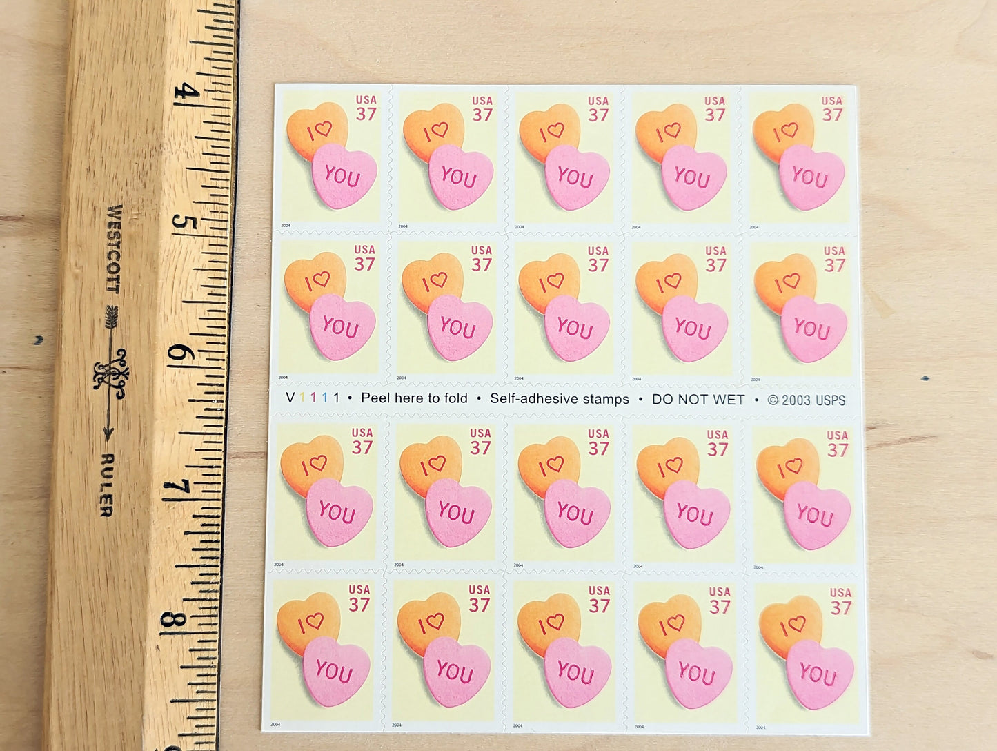 Love Sheet of 20 Conversation Heart Unused Postage Stamps, 2003 Unused 37 Cent US Postage Stamps