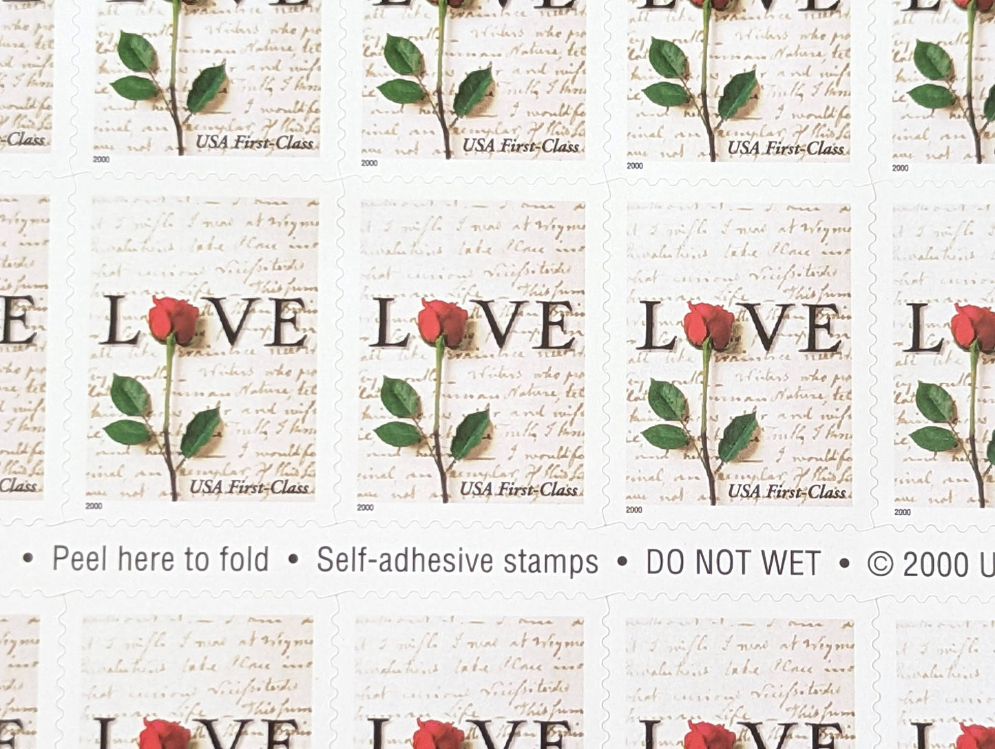 Sheet of 20 Love Postage Stamps, 34 Cent Stamps, 2000, Red Rose Love Letter, Vintage Collectible Stamps