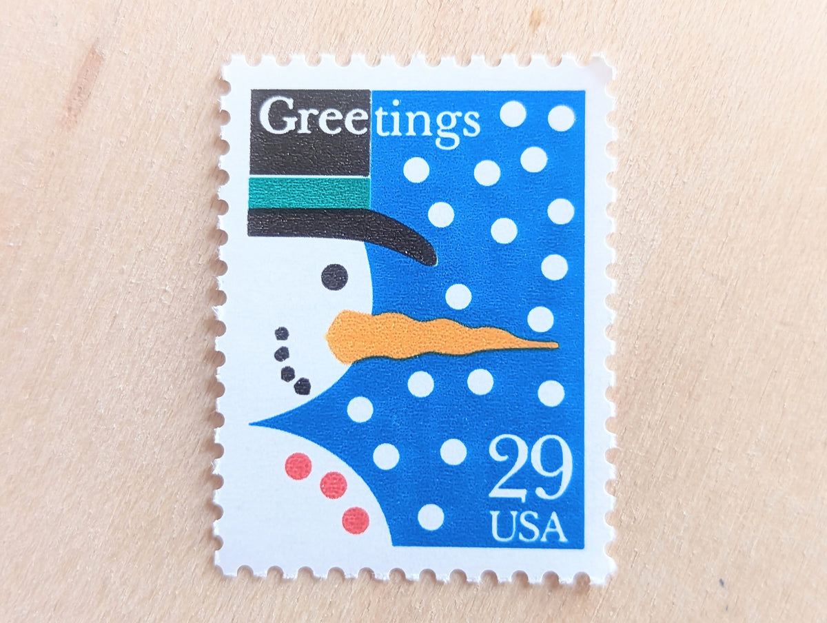 10 Seasons Greetings Snowman Christmas Stamps, Vintage Unused USPS 29 Cent Postage Stamps, 1993 Gummed