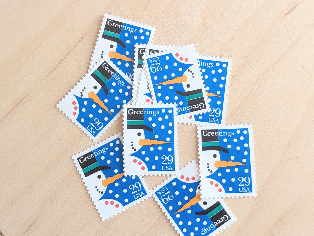 10 Seasons Greetings Snowman Christmas Stamps, Vintage Unused USPS 29 Cent Postage Stamps, 1993 Gummed