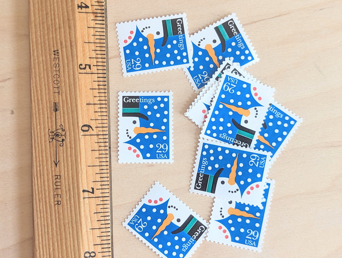 10 Seasons Greetings Snowman Christmas Stamps, Vintage Unused USPS 29 Cent Postage Stamps, 1993 Gummed