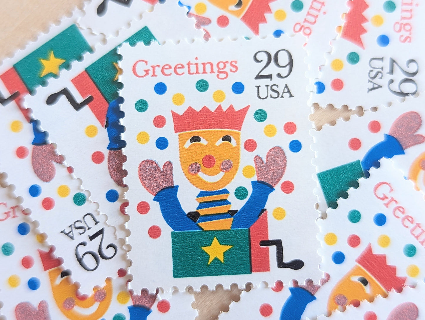 10 Seasons Greetings Jack In The Box Christmas Stamps, 29 Cent, Unused Postage Stamps