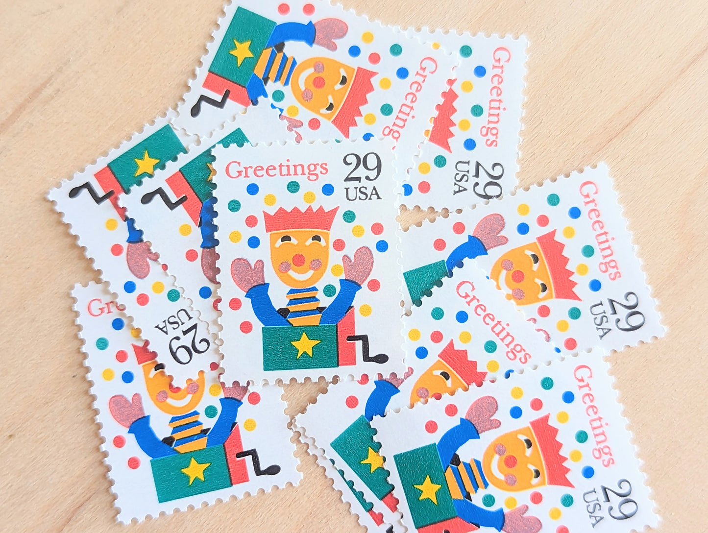 10 Seasons Greetings Jack In The Box Christmas Stamps, 29 Cent, Unused Postage Stamps
