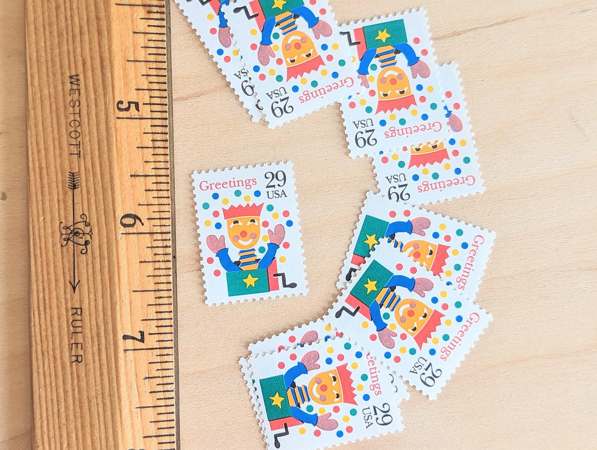 10 Seasons Greetings Jack In The Box Christmas Stamps, 29 Cent, Unused Postage Stamps