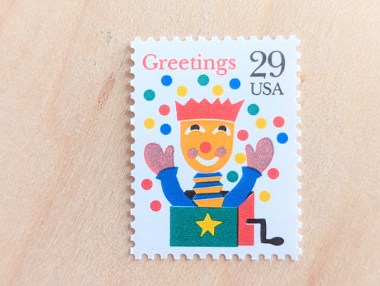 10 Seasons Greetings Jack In The Box Christmas Stamps, 29 Cent, Unused Postage Stamps