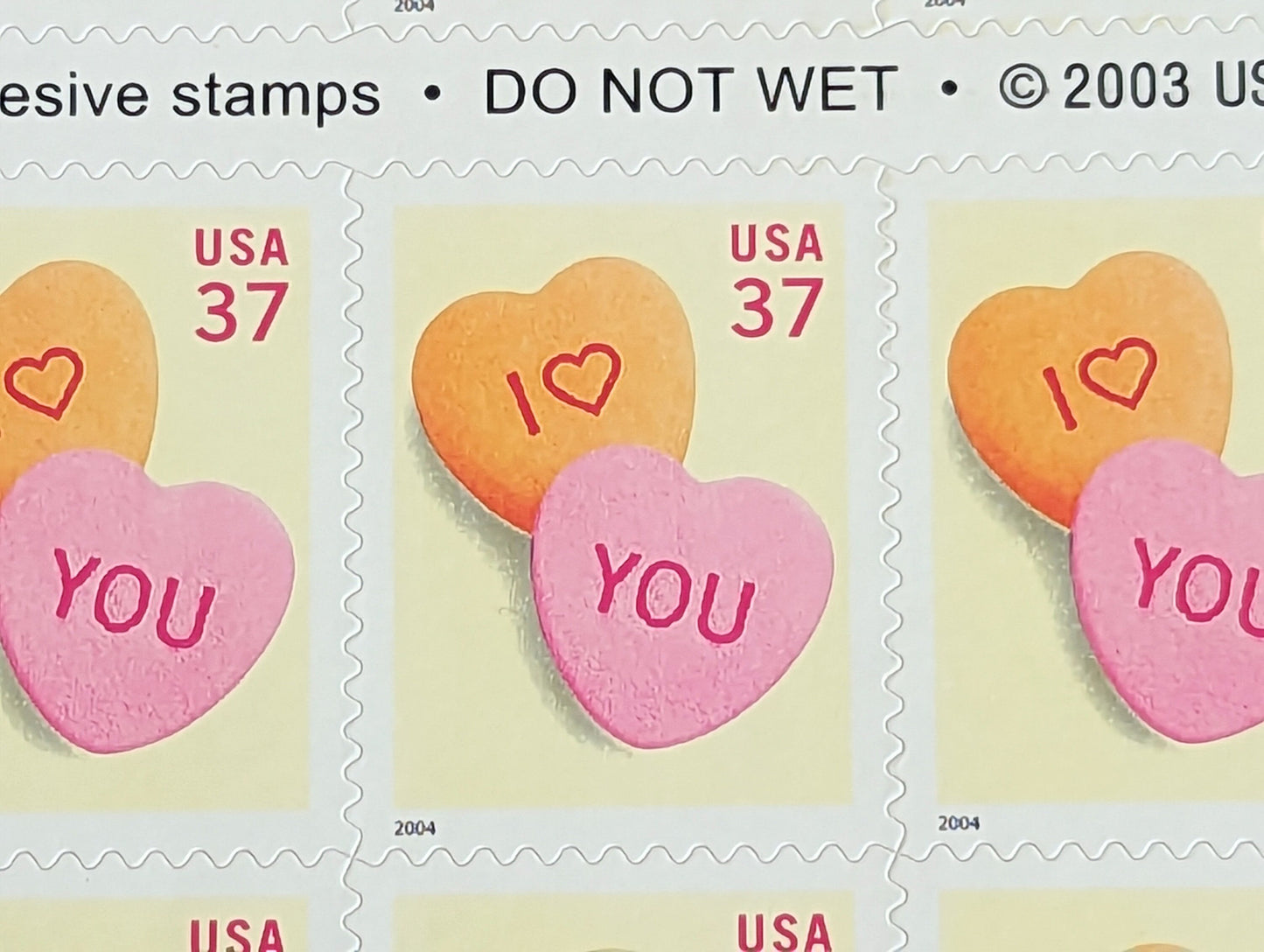 Love Sheet of 20 Conversation Heart Unused Postage Stamps, 2003 Unused 37 Cent US Postage Stamps