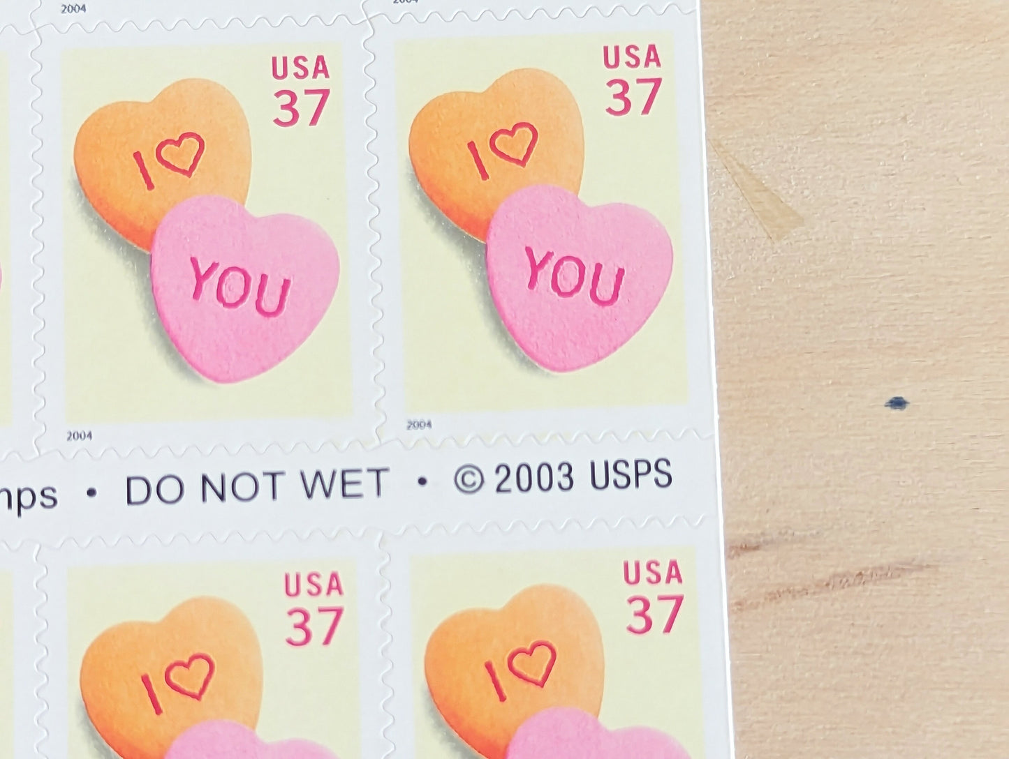 Love Sheet of 20 Conversation Heart Unused Postage Stamps, 2003 Unused 37 Cent US Postage Stamps