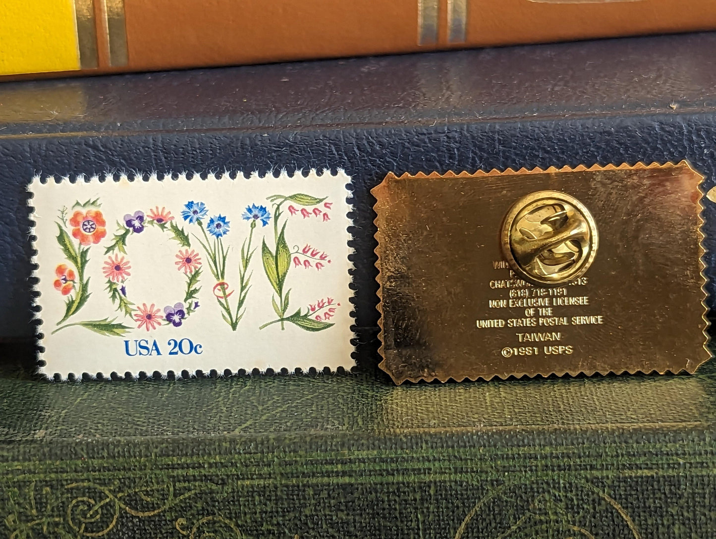 Floral Love Postage Stamp Enamel Pin and 20 Cent Stamp