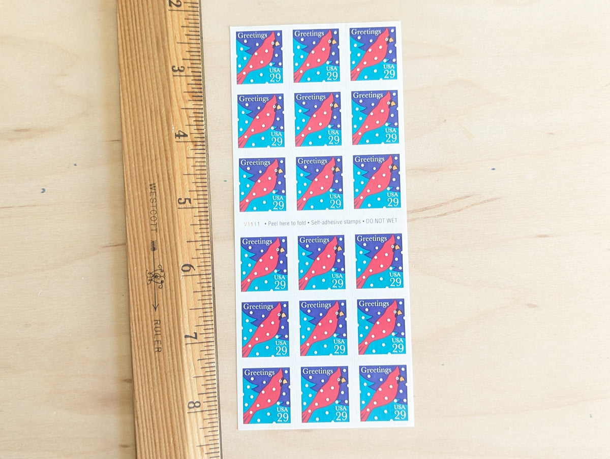Sheet of 18 Greetings Cardinal Postage Stamp, 29 Cent Stamps, US Postage Stamps Unused, 1994, Self-Adhesive