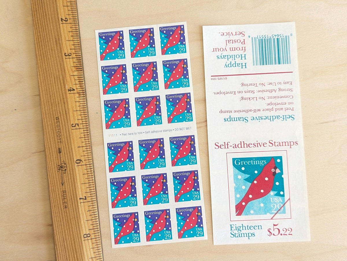 Sheet of 18 Greetings Cardinal Postage Stamp, 29 Cent Stamps, US Postage Stamps Unused, 1994, Self-Adhesive