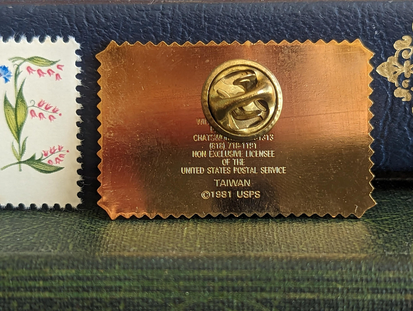 Floral Love Postage Stamp Enamel Pin and 20 Cent Stamp