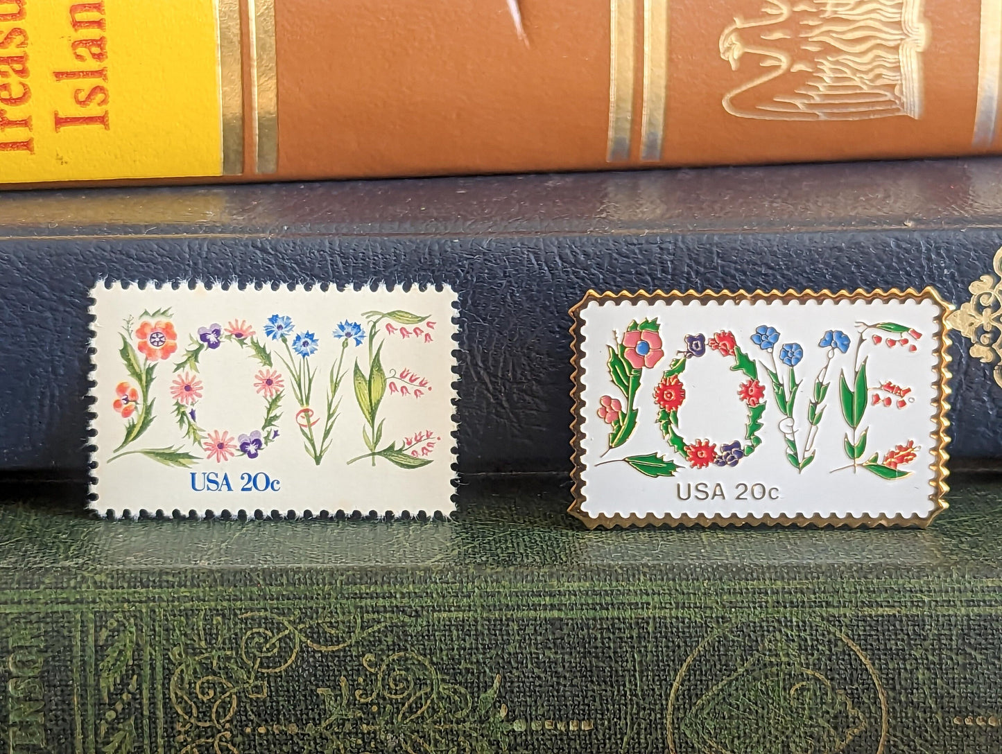 Floral Love Postage Stamp Enamel Pin and 20 Cent Stamp