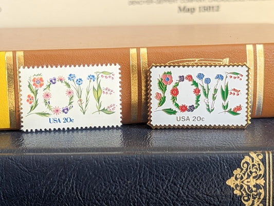 Floral Love Postage Stamp Enamel Pin and 20 Cent Stamp