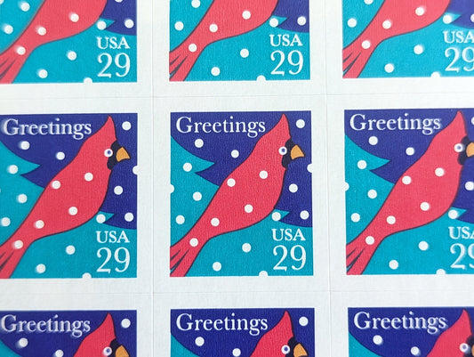 Sheet of 18 Greetings Cardinal Postage Stamp, 29 Cent Stamps, US Postage Stamps Unused, 1994, Self-Adhesive