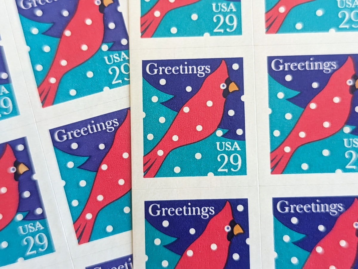 Sheet of 18 Greetings Cardinal Postage Stamp, 29 Cent Stamps, US Postage Stamps Unused, 1994, Self-Adhesive