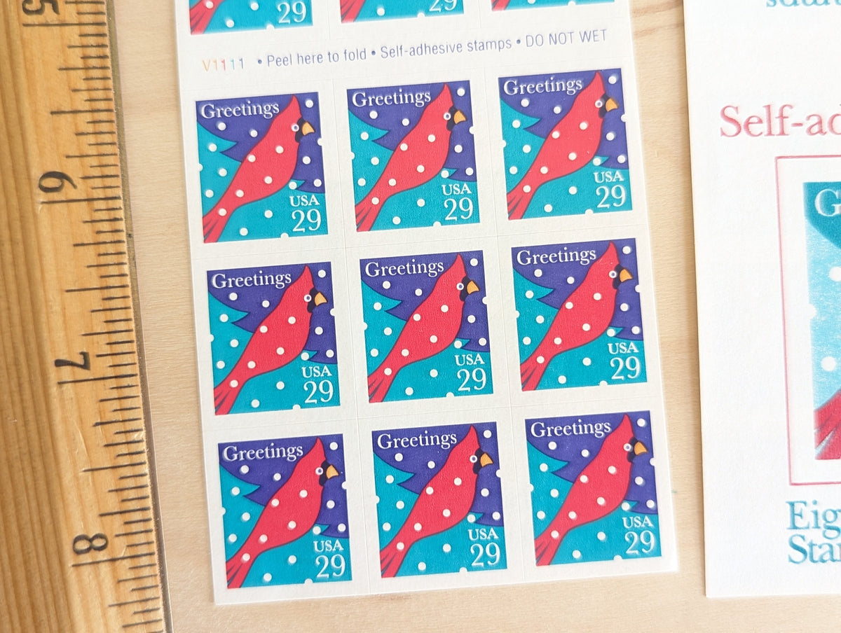 Sheet of 18 Greetings Cardinal Postage Stamp, 29 Cent Stamps, US Postage Stamps Unused, 1994, Self-Adhesive