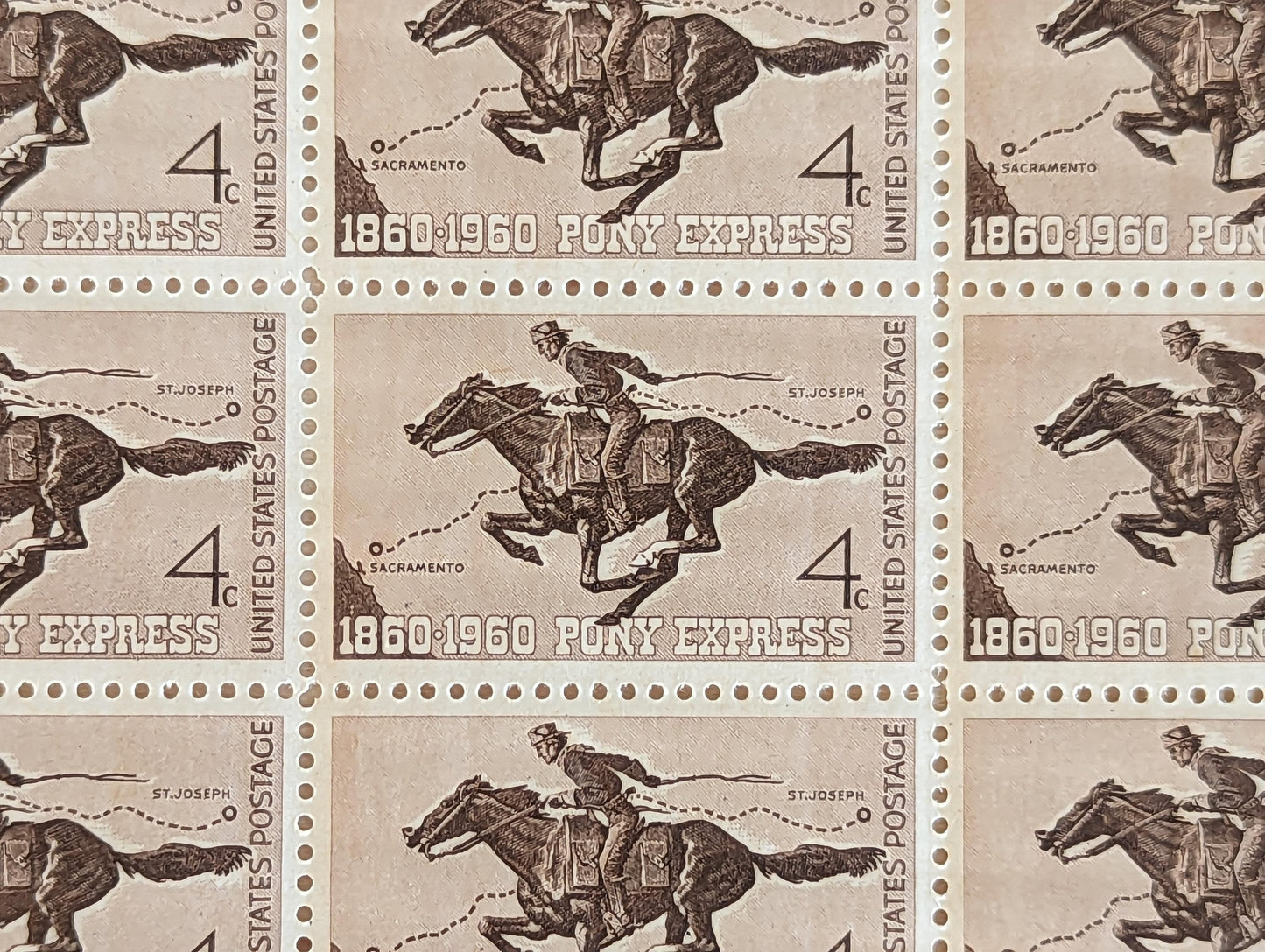 Sheet of 50 Pony Express Stamps, 1860-1960 4 Cent, 50 Unused Stamps, 1960