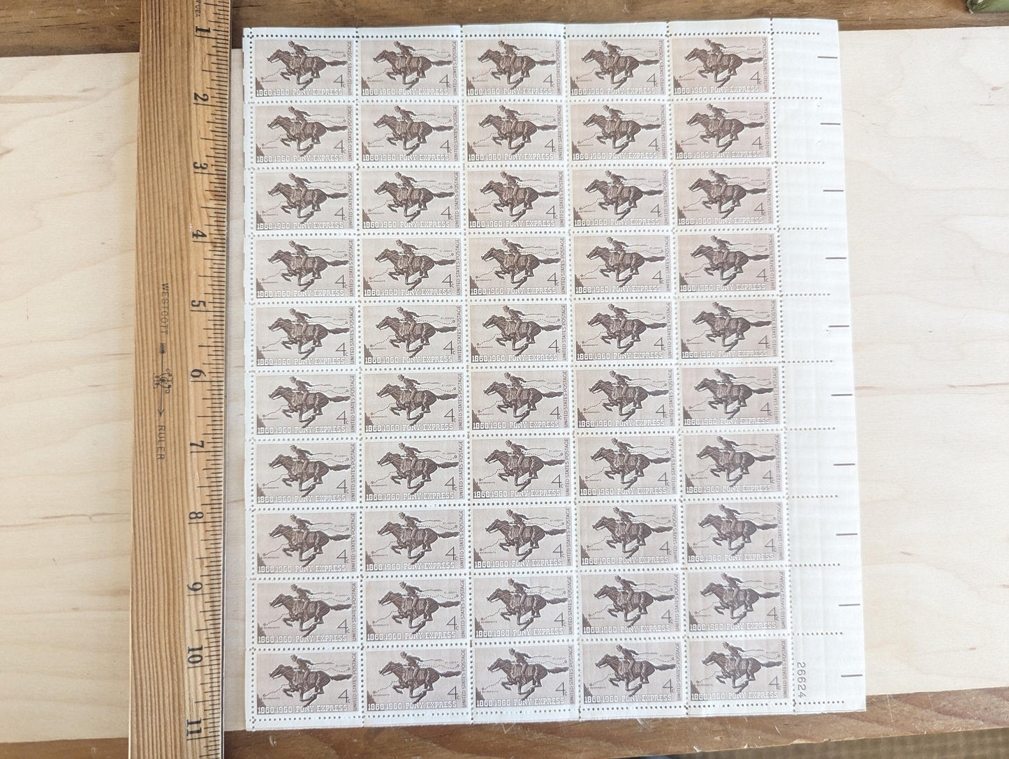 Sheet of 50 Pony Express Stamps, 1860-1960 4 Cent, 50 Unused Stamps, 1960
