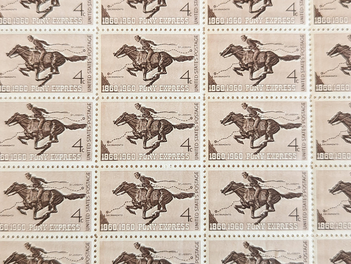 Sheet of 50 Pony Express Stamps, 1860-1960 4 Cent, 50 Unused Stamps, 1960