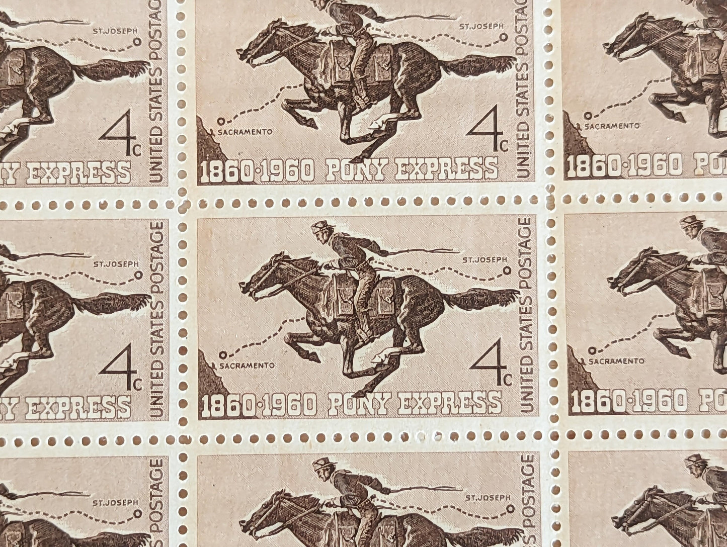 Sheet of 50 Pony Express Stamps, 1860-1960 4 Cent, 50 Unused Stamps, 1960
