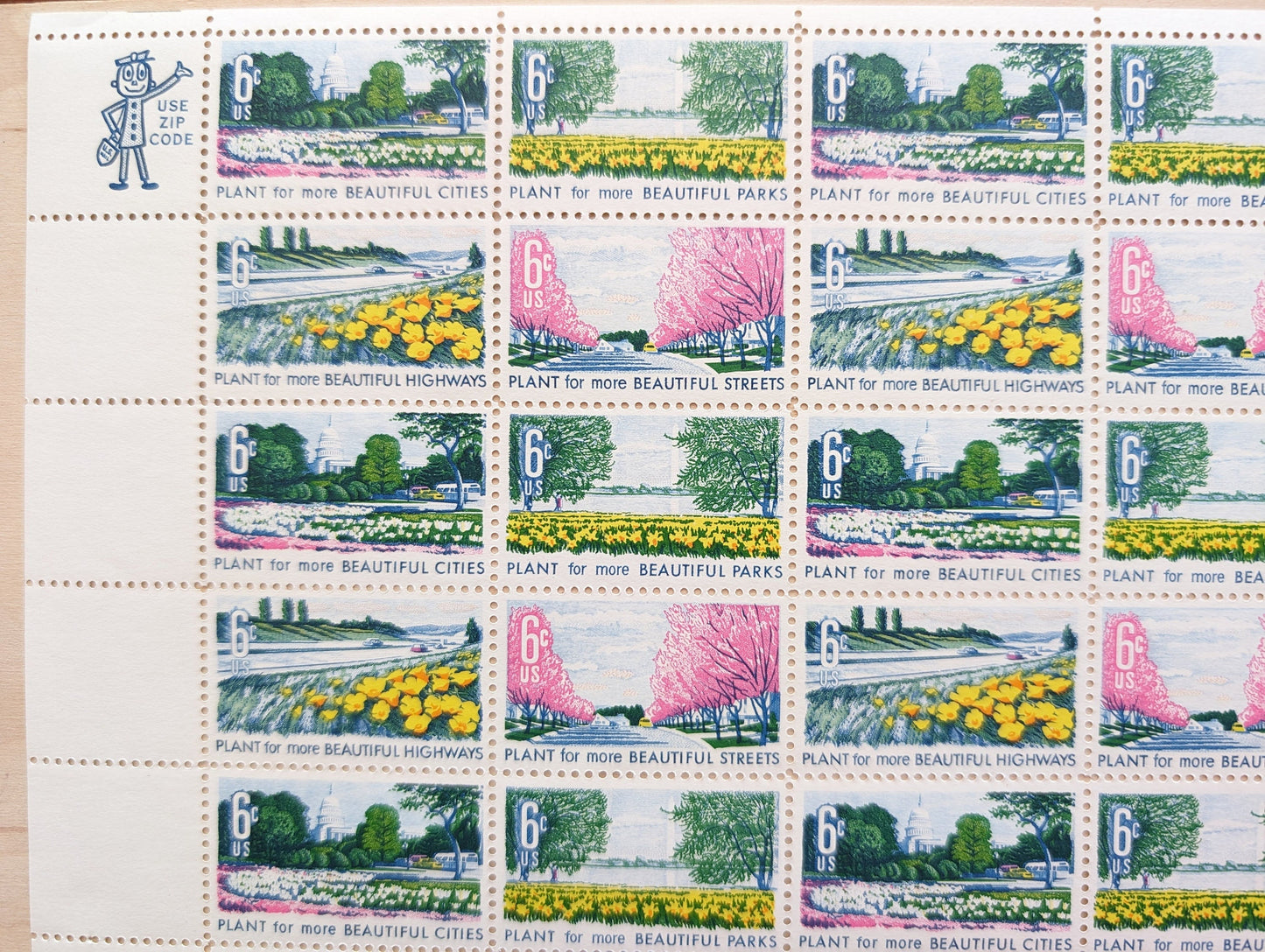 Plant For More Beautiful Cities, Streets, Parks and Highways Stamps, Vintage Unused USPS 6 Cent Postage Stamps, Beautification of America, 1969 Gummed Stamps