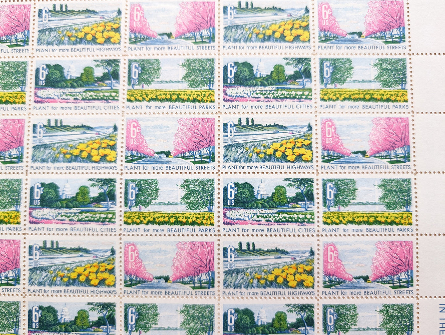 Plant For More Beautiful Cities, Streets, Parks and Highways Stamps, Vintage Unused USPS 6 Cent Postage Stamps, Beautification of America, 1969 Gummed Stamps