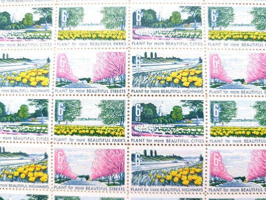 Plant For More Beautiful Cities, Streets, Parks and Highways Stamps, Vintage Unused USPS 6 Cent Postage Stamps, Beautification of America, 1969 Gummed Stamps
