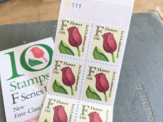 Booklet of 10 Tulip F Rate Stamps, 29 Cent Stamps, Unused Postage Stamps, F is for Flower, Red Tulip