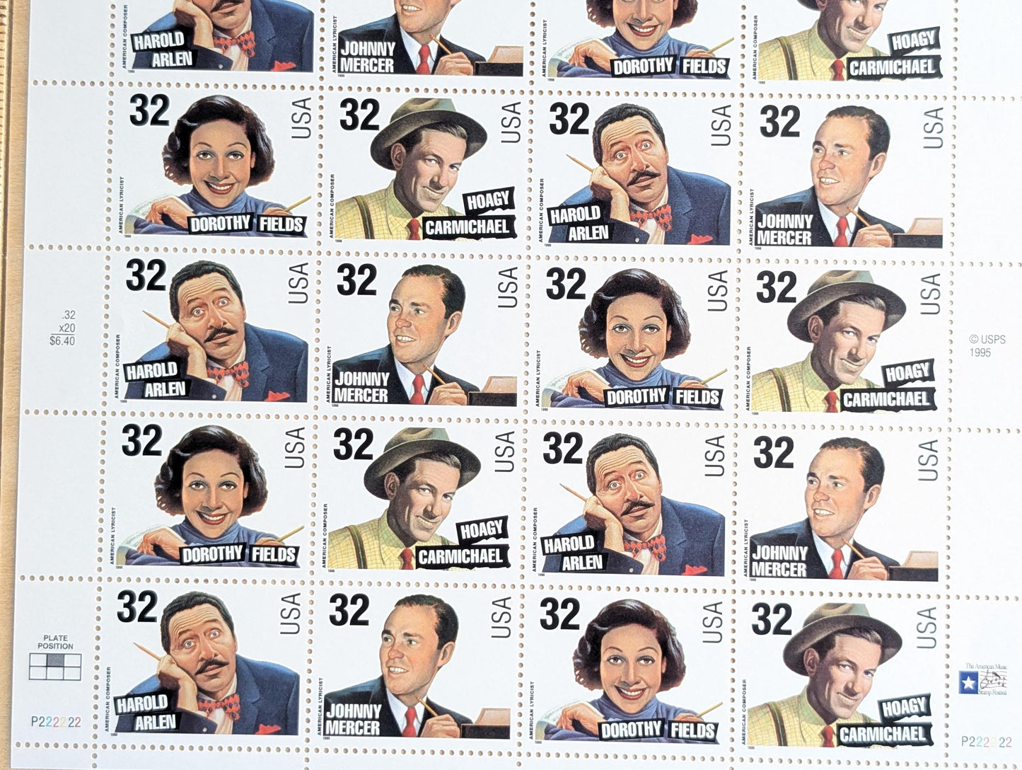 Sheet of 20 Songwriters Stamps, Vintage Unused USPS 32 Cent Stamps, Legends of American Music Series, 1996 Gummed
