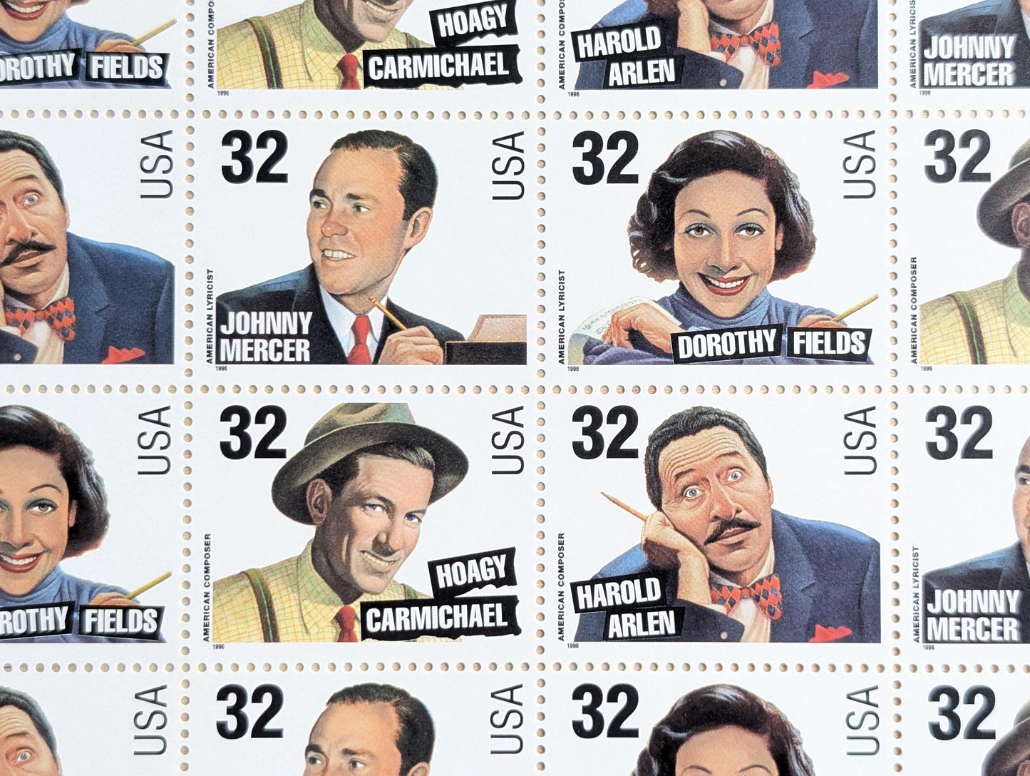 Sheet of 20 Songwriters Stamps, Vintage Unused USPS 32 Cent Stamps, Legends of American Music Series, 1996 Gummed