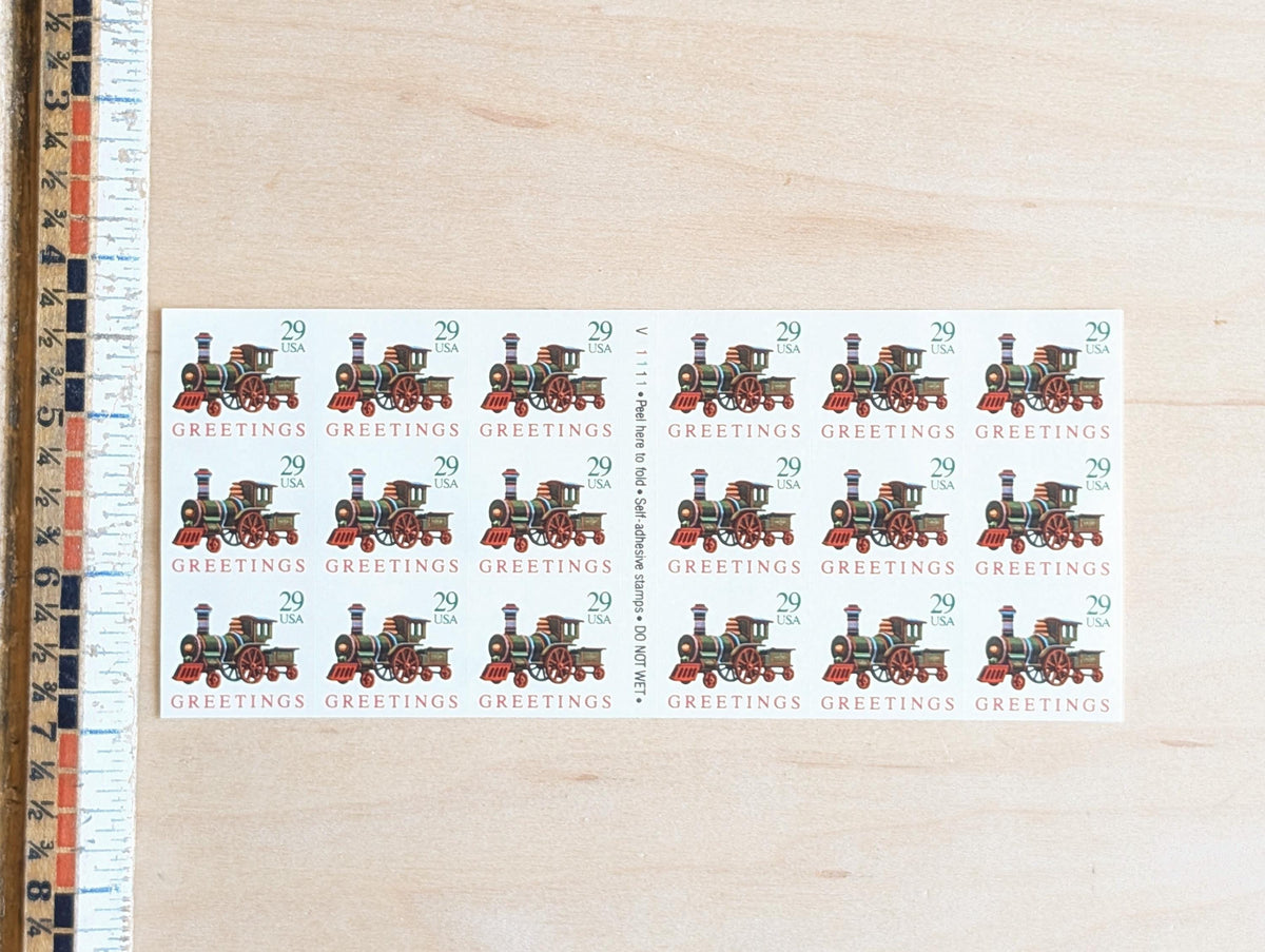 18 Seasons Greetings Christmas Train Booklet of Stamps, Vintage Unused USPS 29 Cent Postage Stamps, 1992 Self-Adhesive