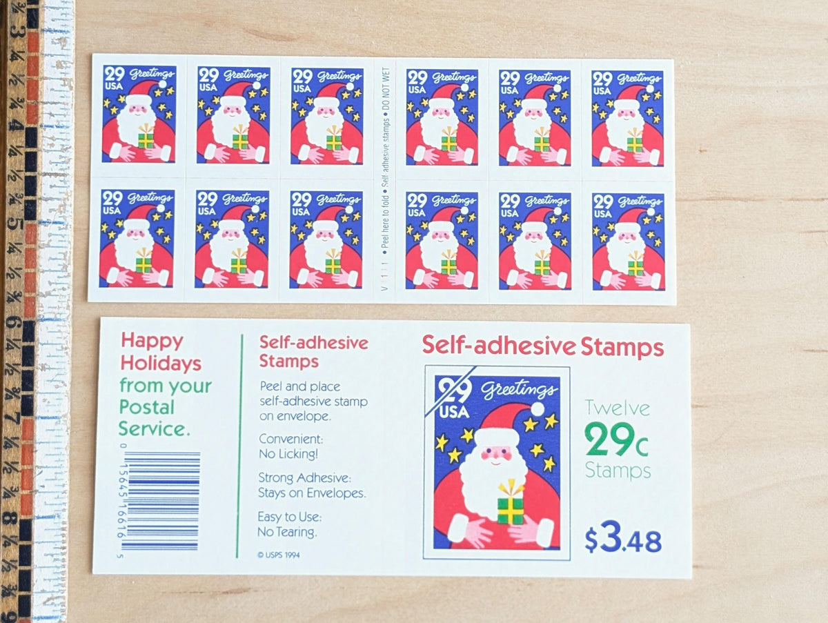 12 Seasons Greetings Christmas Booklet of Stamps, 29 Cent, 1994, Unused Postage Stamps, Santa stamps