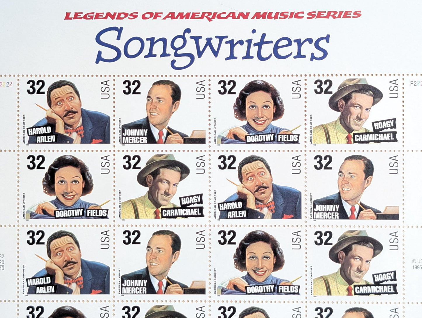 Sheet of 20 Songwriters Stamps, Vintage Unused USPS 32 Cent Stamps, Legends of American Music Series, 1996 Gummed