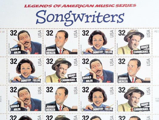 Sheet of 20 Songwriters Stamps, Vintage Unused USPS 32 Cent Stamps, Legends of American Music Series, 1996 Gummed