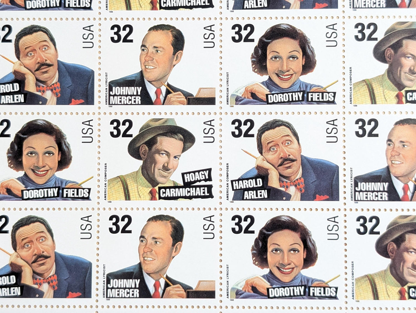Sheet of 20 Songwriters Stamps, Vintage Unused USPS 32 Cent Stamps, Legends of American Music Series, 1996 Gummed