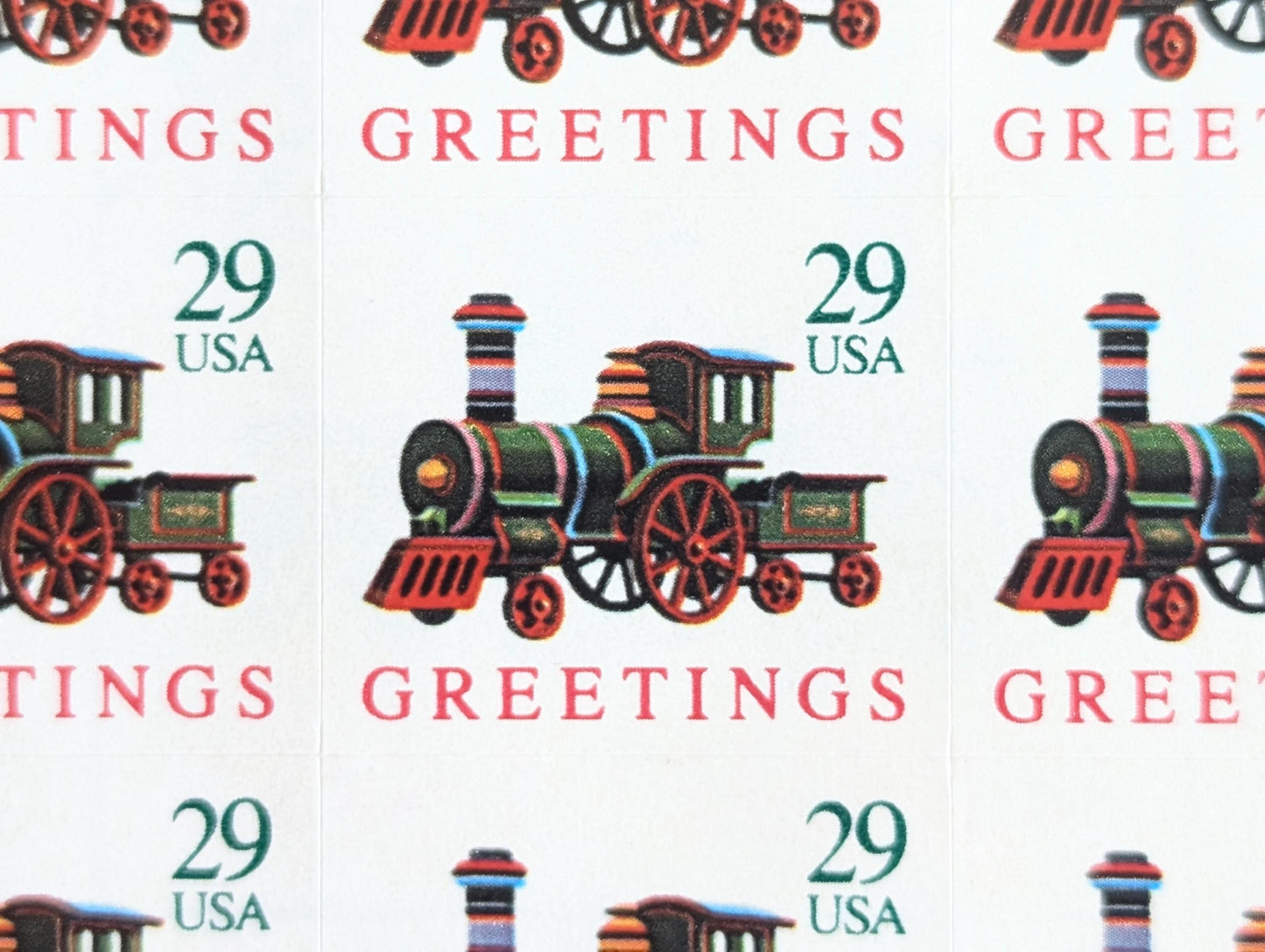 18 Seasons Greetings Christmas Train Booklet of Stamps, Vintage Unused USPS 29 Cent Postage Stamps, 1992 Self-Adhesive