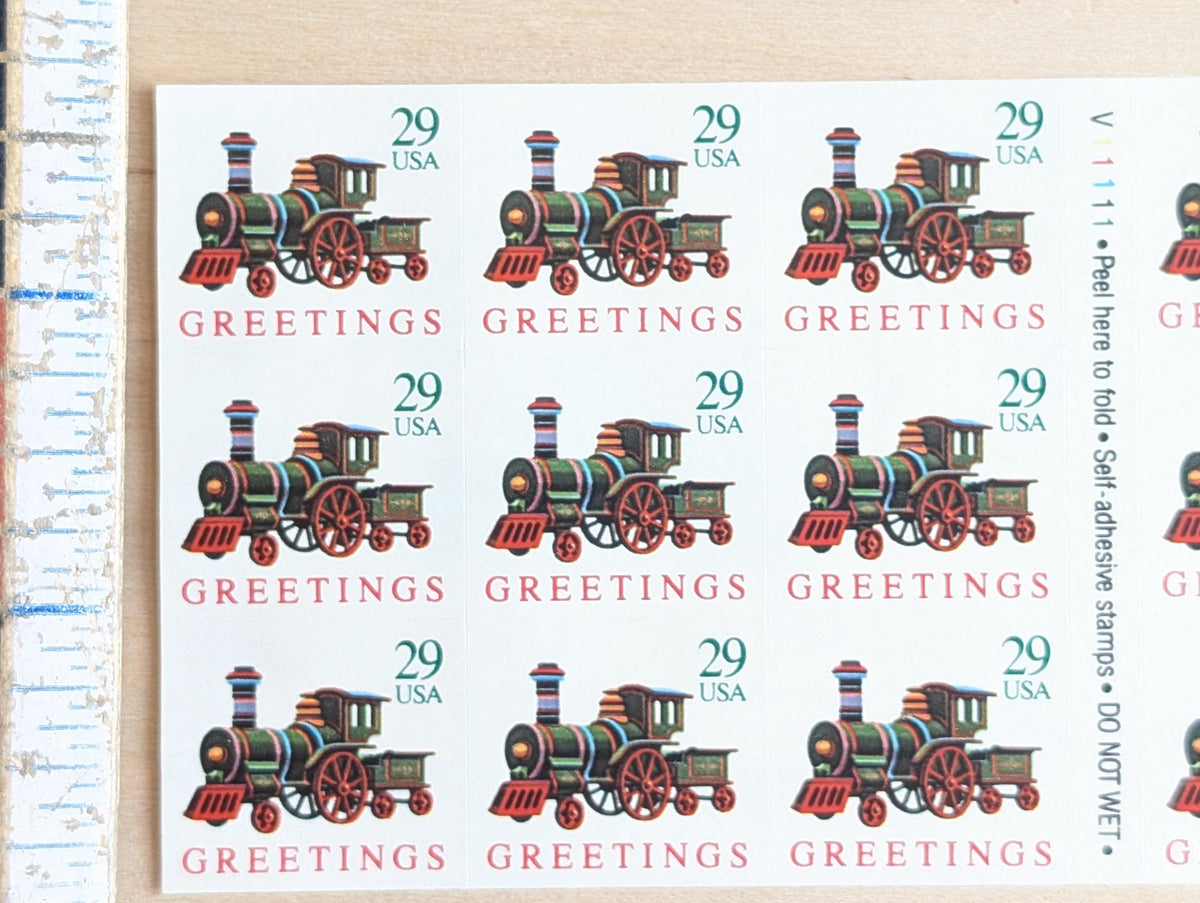 18 Seasons Greetings Christmas Train Booklet of Stamps, Vintage Unused USPS 29 Cent Postage Stamps, 1992 Self-Adhesive