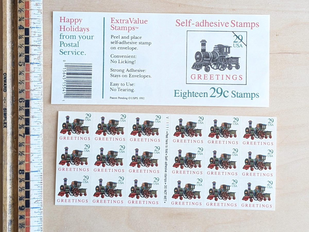 18 Seasons Greetings Christmas Train Booklet of Stamps, Vintage Unused USPS 29 Cent Postage Stamps, 1992 Self-Adhesive