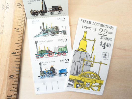 1987 Booklet of Twenty 22 Cent Stamps, Steam Locomotives, Train Stamps, Commemorative Stamps