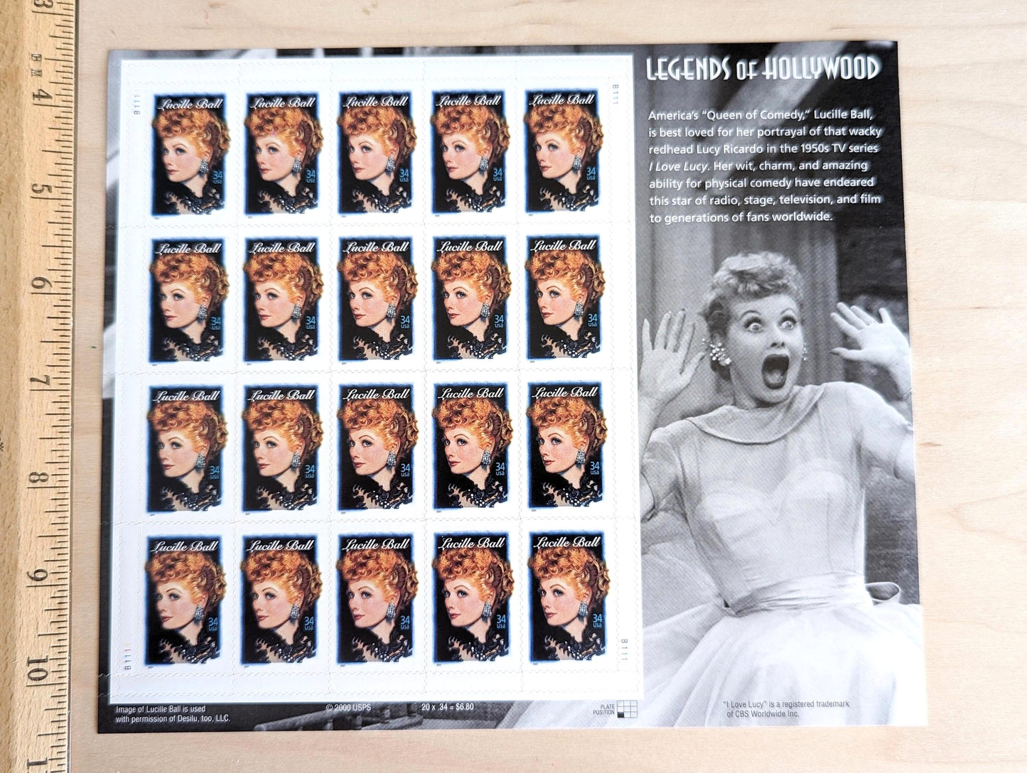 Lucille Ball Unused US Stamp Sheet, 2000, Sheet of 20, 34 Cent Stamps, Legends of Hollywood