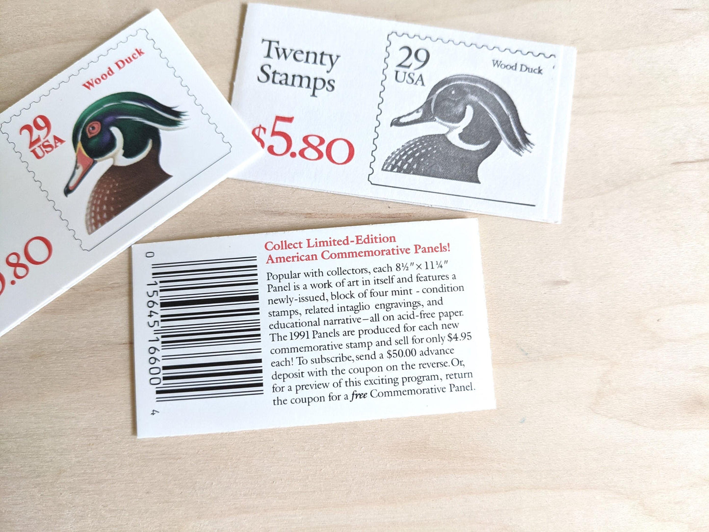 Booklet of Wood Duck 29 Cent Stamps, 1991 Unused US Postage, Vintage Collectible Stamps