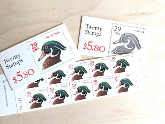 Booklet of Wood Duck 29 Cent Stamps, 1991 Unused US Postage, Vintage Collectible Stamps