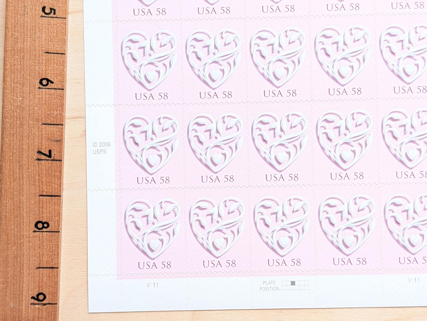 Sheet of 20 Pink Wedding Heart Stamps, Vintage Unused USPS 58 Cent Postage Stamps, 2006 Self-Adhesive Stamps