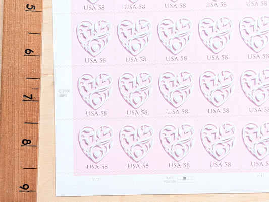 Sheet of 20 Pink Wedding Heart Stamps, Vintage Unused USPS 58 Cent Postage Stamps, 2006 Self-Adhesive Stamps