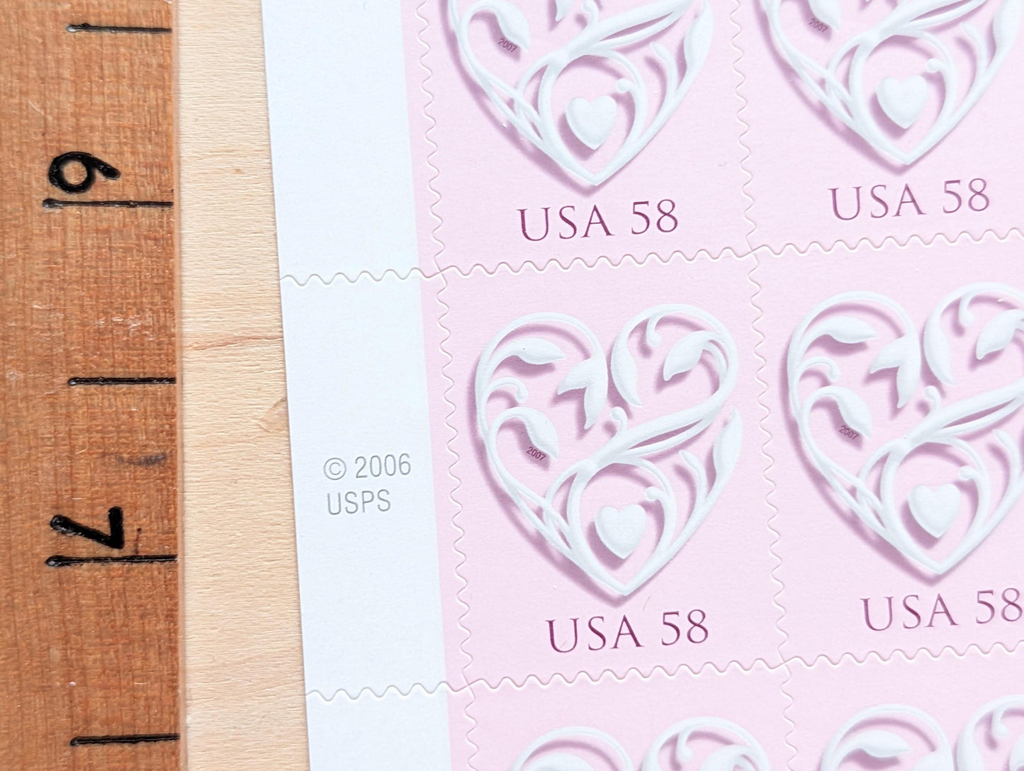 Sheet of 20 Pink Wedding Heart Stamps, Vintage Unused USPS 58 Cent Postage Stamps, 2006 Self-Adhesive Stamps