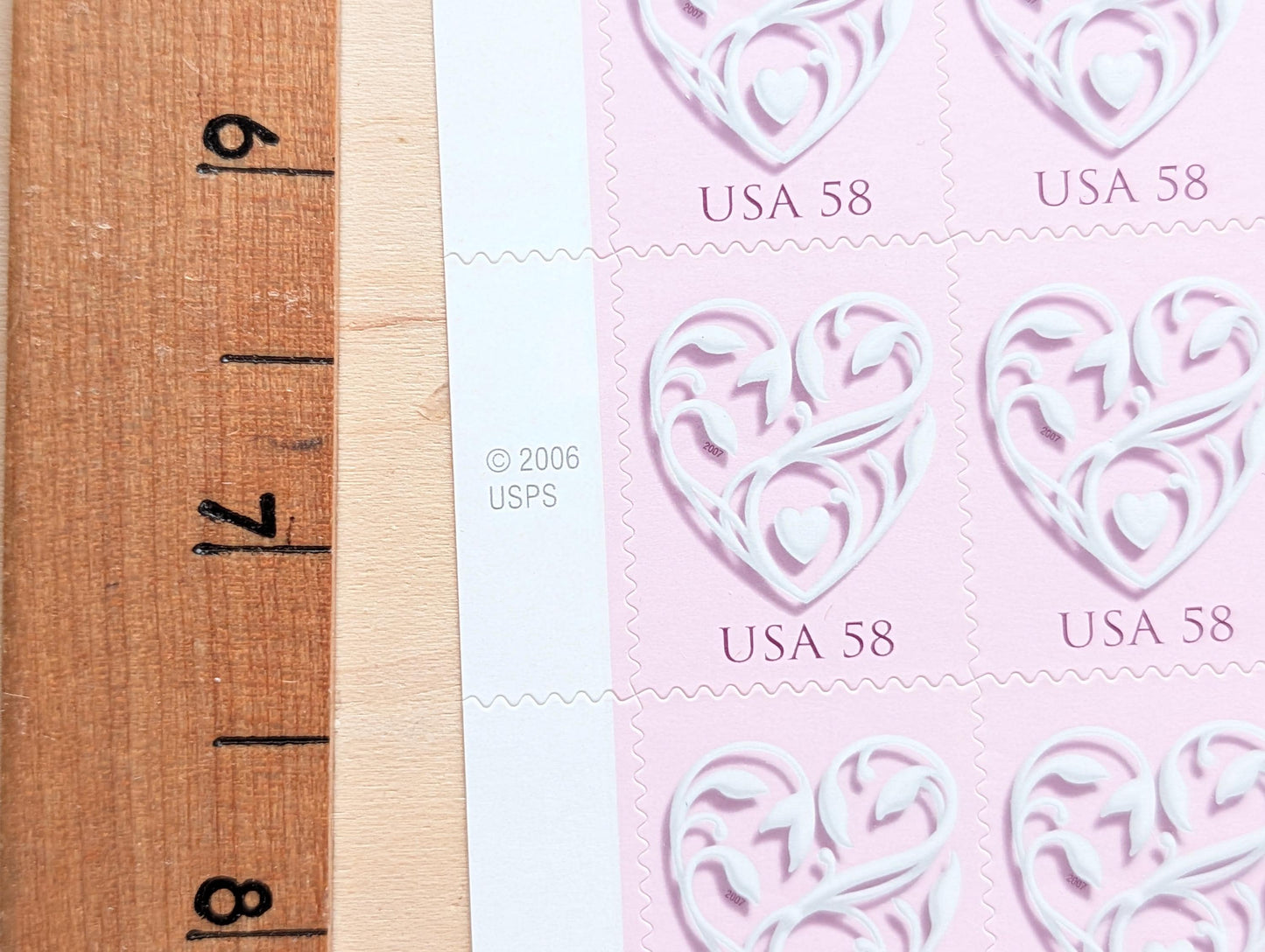 Sheet of 20 Pink Wedding Heart Stamps, Vintage Unused USPS 58 Cent Postage Stamps, 2006 Self-Adhesive Stamps