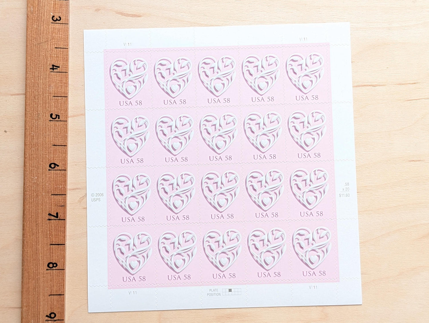 Sheet of 20 Pink Wedding Heart Stamps, Vintage Unused USPS 58 Cent Postage Stamps, 2006 Self-Adhesive Stamps